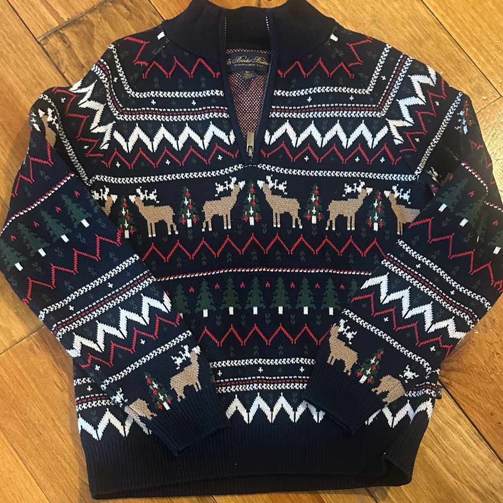 Brooks Brothers Festive Zip-Up Sweater - Navy and White
